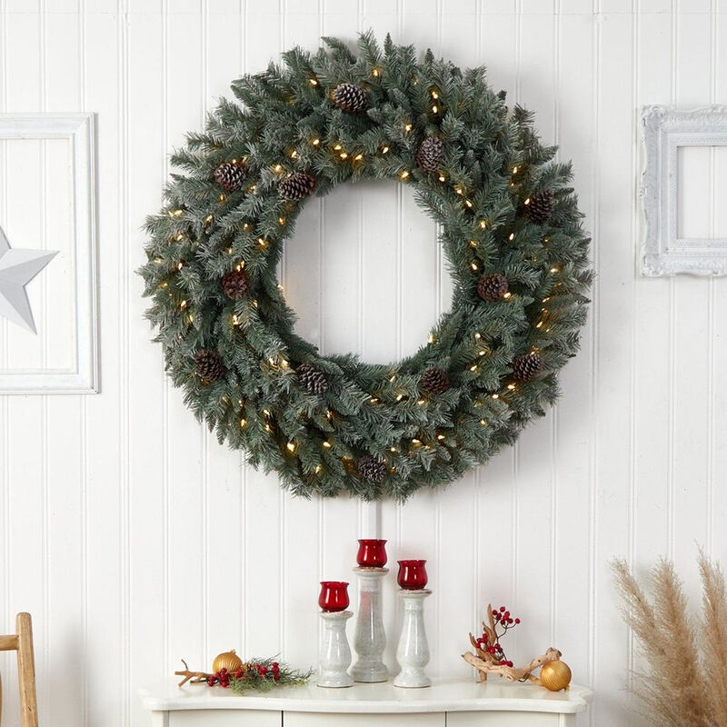 Nearly Natural Large Flocked Artificial Christmas Wreath with Pinecones, Clear LED Lights and Bendable Branches