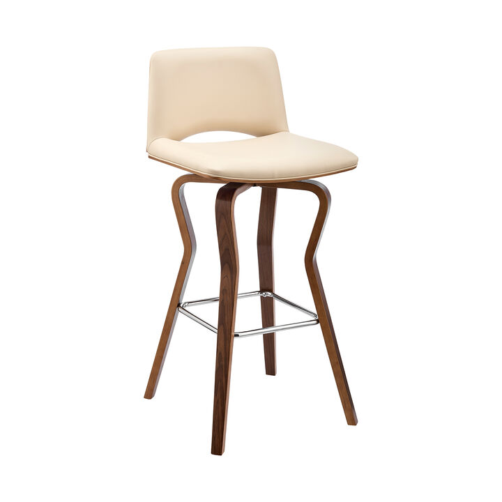 Gerty  Swivel Cream Faux Leather and Walnut Wood Bar Stool