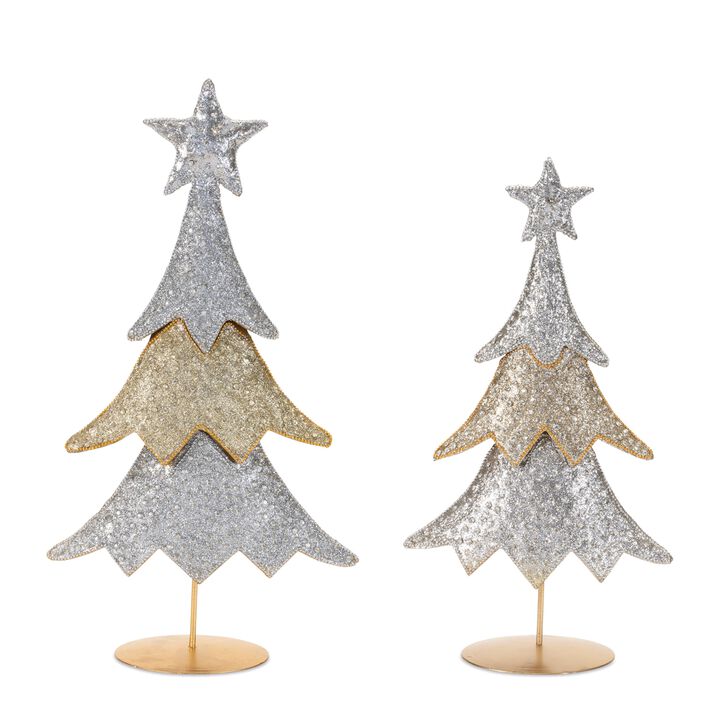 Holiday Tabletop Decor Set of 2 Jeweled Metal Christmas Trees for Seasonal Display