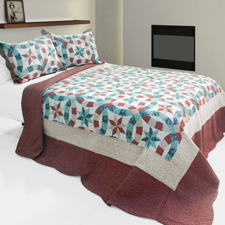 Queen Size 3-Piece Cotton Vermicelli Quilted Printed Quilt Set with Matching Pillow Shams