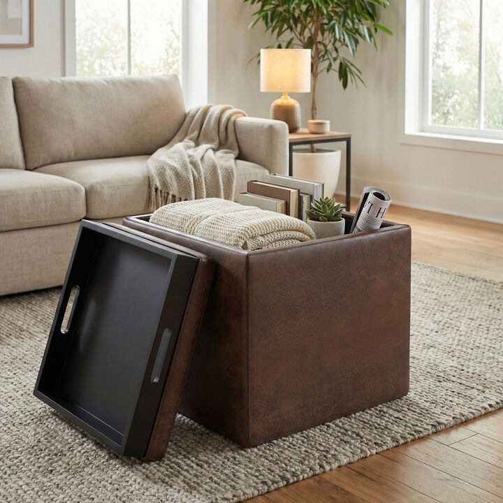 Rockwood 17 inch Wide Contemporary Square Cube Storage Ottoman with Tray in Distressed Brown Vegan Faux Leather, Assembled
