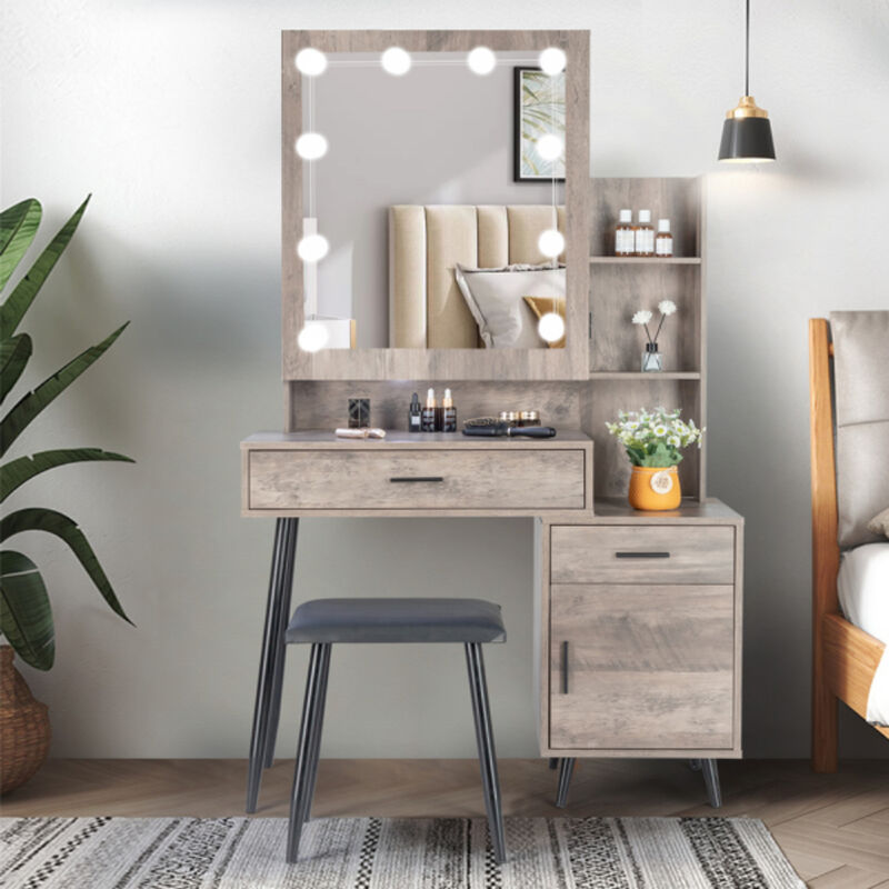 Vanity Set with Mirror, Lights, 2 Drawers, 1 Door & Storage Shelves