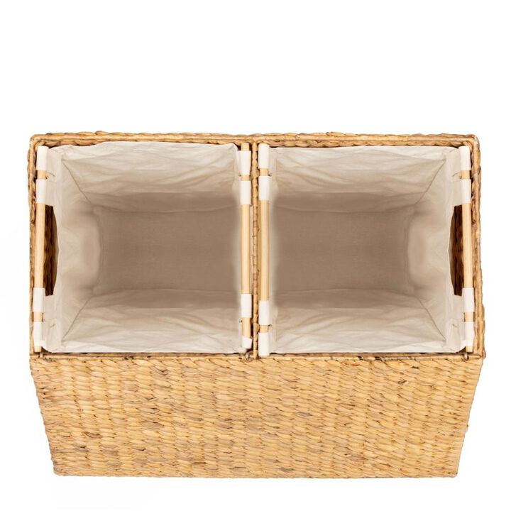 Hivvago Natural 2-Bin Handwoven Hyacinth Linen Liner Laundry Hamper w/ Handles
