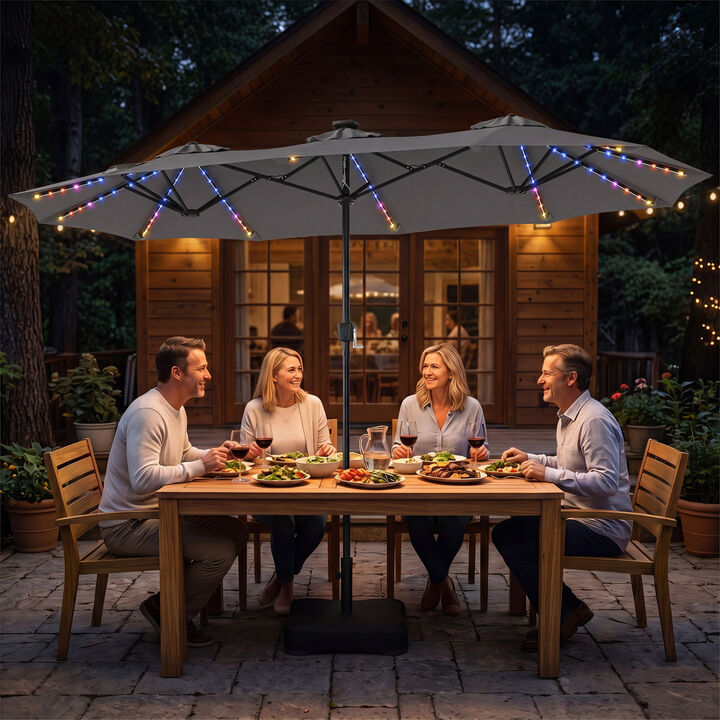 Outdoor 13 FT Double Sided Umbrella with 108 LED Lights and Stable Base for Backyard Use