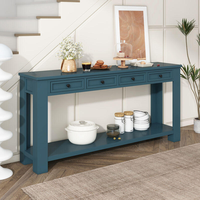 Whisen Rustic Rectangle Wood Console Table with 4-Storage Drawers and Bottom Shelf