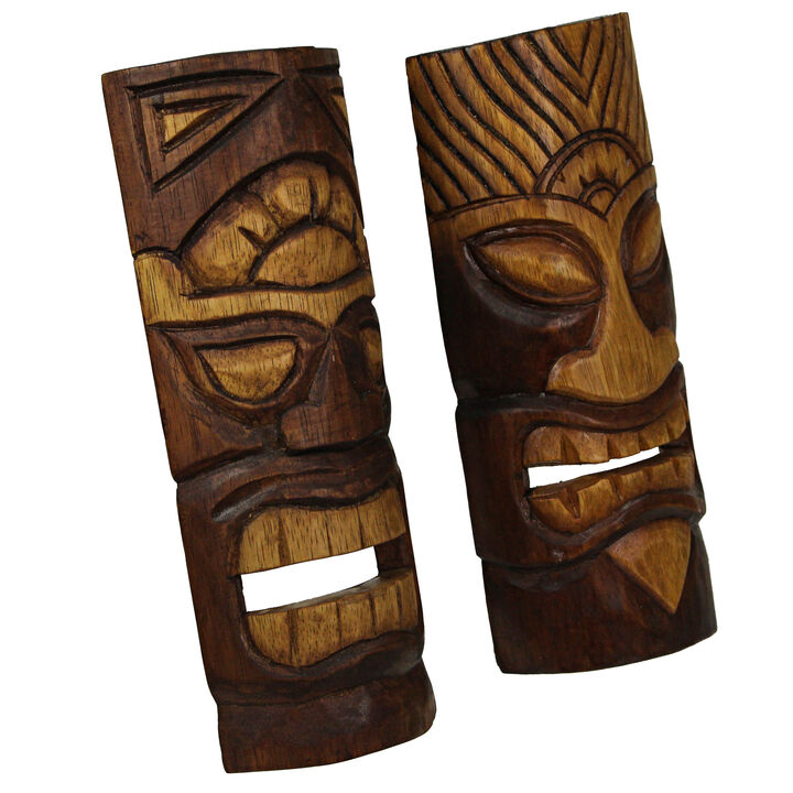 12 Inch Natural Wood Hand Carved Tiki Mask Wall Art Tropical Beach Home Set of 2