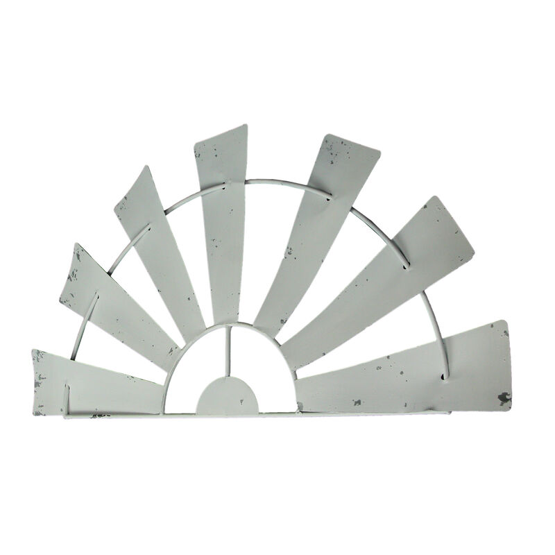 24 Inch Weathered White Metal Half-Windmill Wall Sculpture Rustic Home Decor Art image number 2