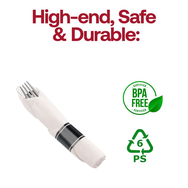 Silver Plastic Cutlery in White Napkin Rolls Set (100 Sets) image number 4