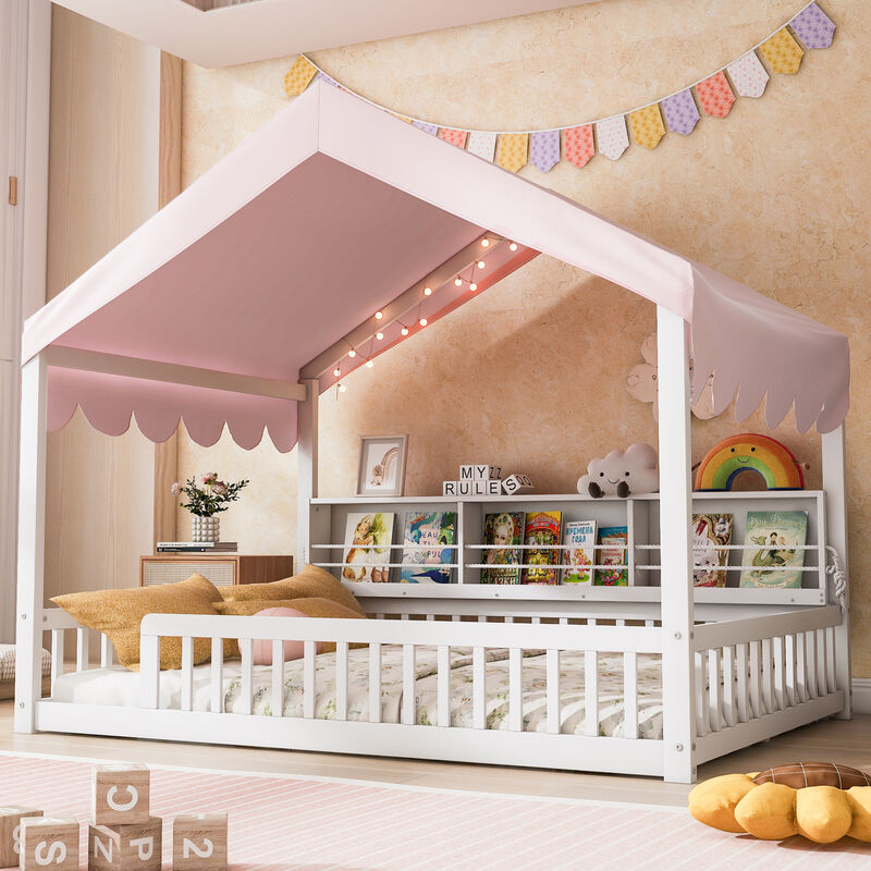 Merax Full Size Wooden Floor Bed,House-Shaped Daybed with Fense,3 Storage Bookshelves,Curtain and LED Light image number 2