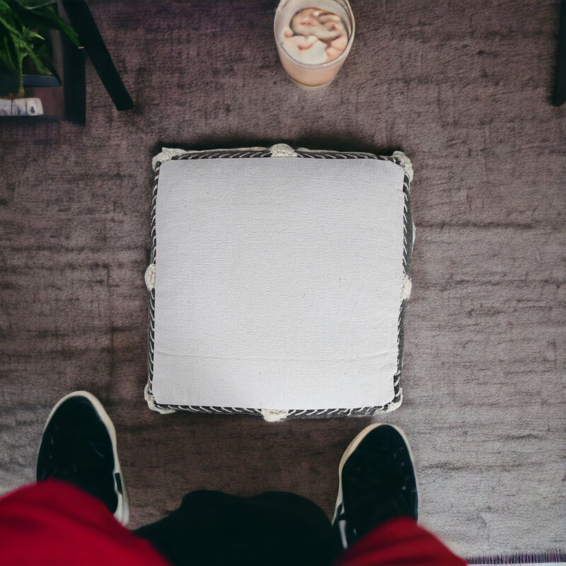 Hivvago 18 Inch Black Cotton Geometric Pouf Ottoman