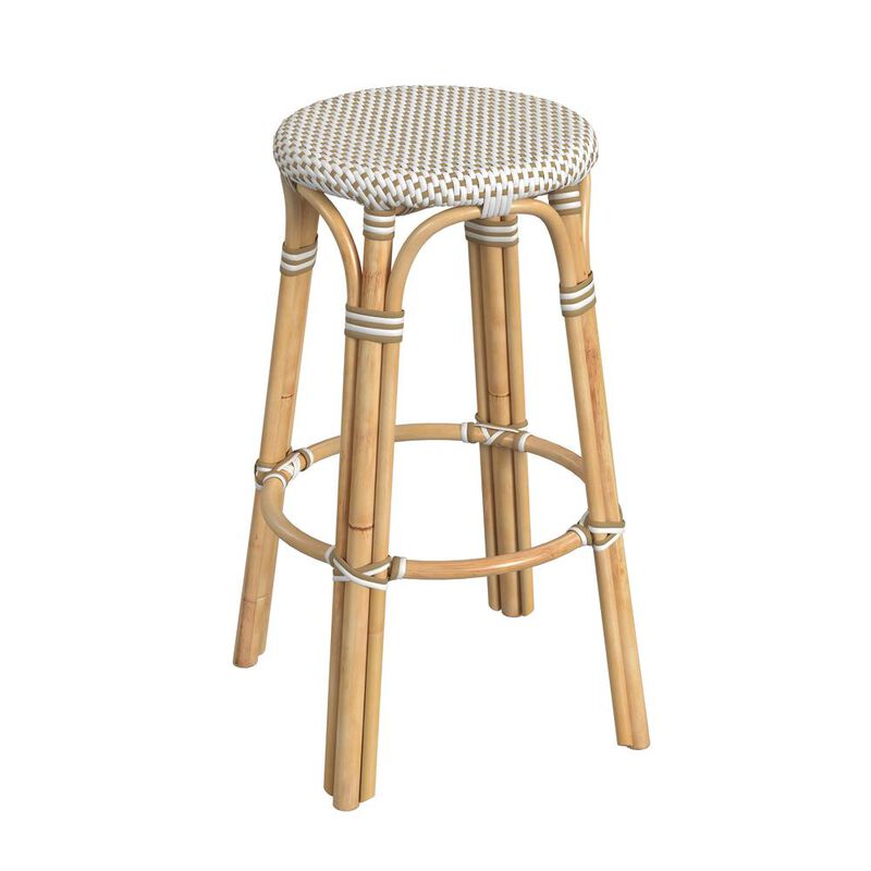 Butler Specialty Tobias Round Rattan 30 Bar Stool, White and Tan Dot