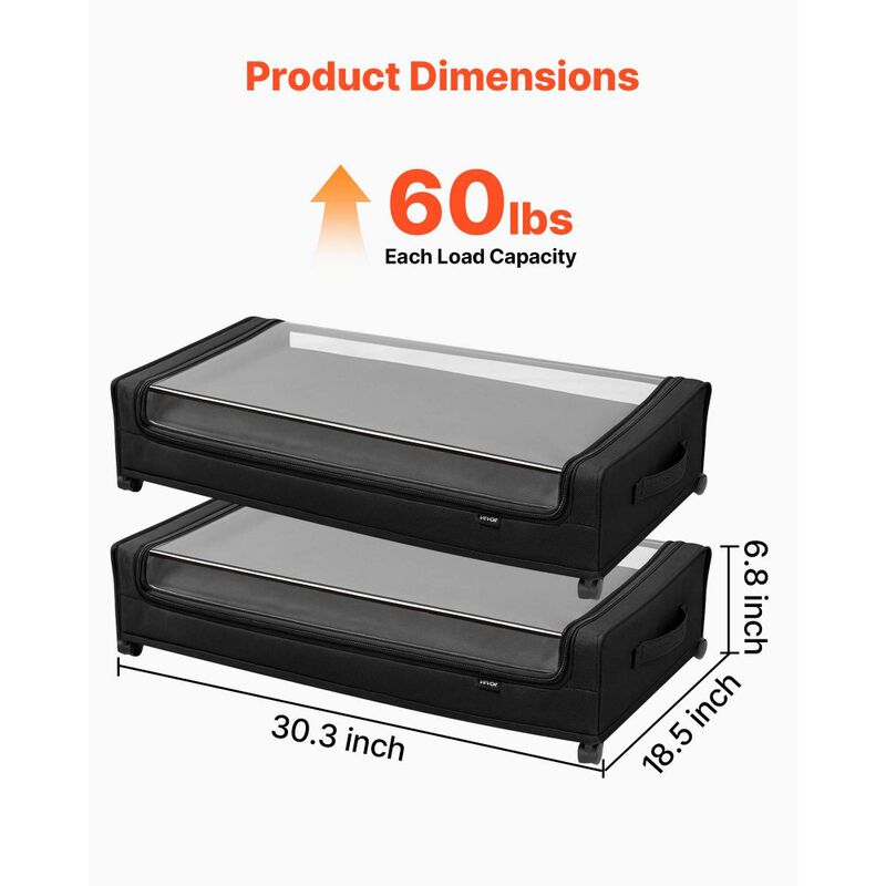 Set of 2 Under Bed Storage with Wheels, Clear Lid Rolling Bins for Clothes, Shoes, Blankets image number 5