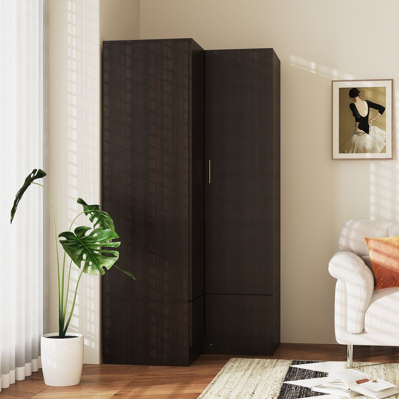 FUFU&GAGA Corner Wardrobe Closet with Adjustable Shelves and Drawers,(35.4" W x 35.4" D x 70.9" H), Dark Brown
