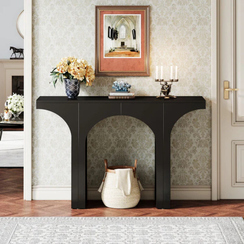 47 Inch Entryway Console Table, Wood Sofa Table with Arch Base-Black