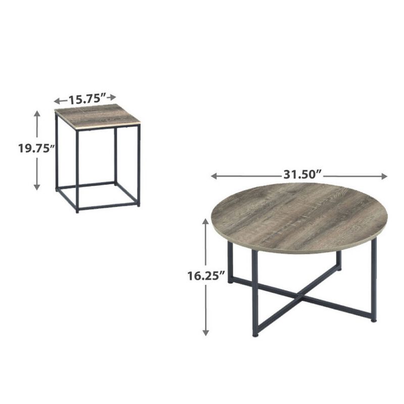 Wooden Table Set with Sturdy Metal Base, Set of Three, Gray and Brown-Benzara