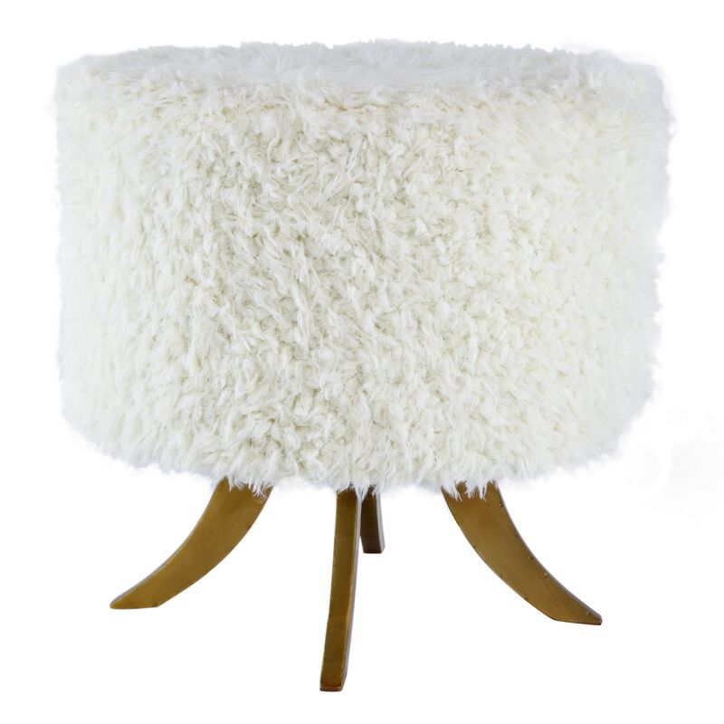 20 Inch Ottoman, Foam Filled, Shearling Fabric, Wood Frame, White, Brown - Benzara