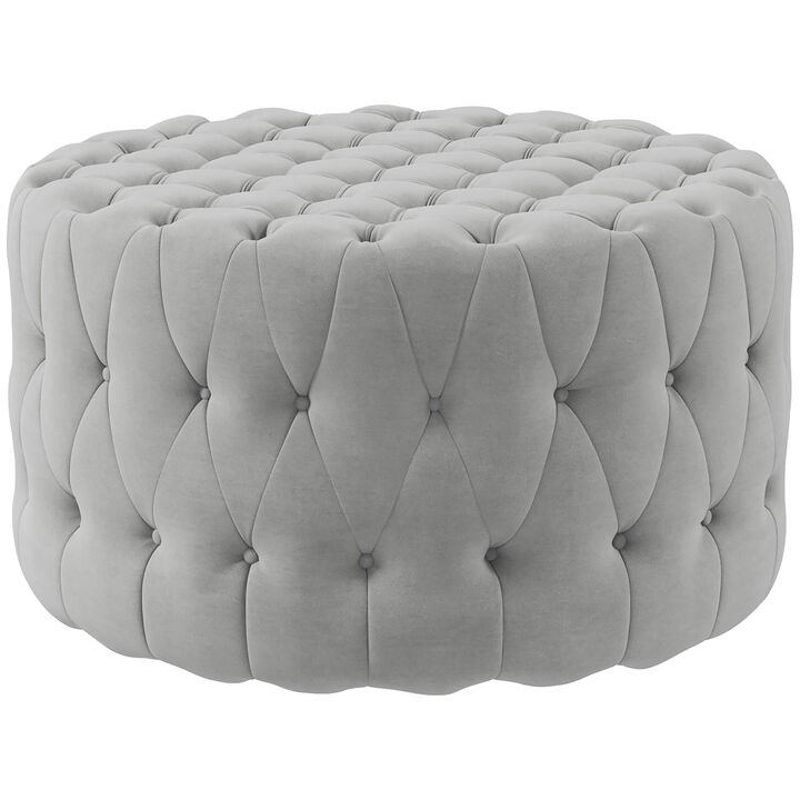 HOMCOM Round Ottoman, Velvet-Feel Upholstered Foot Stool with Button Tufted Design and Padded Seat for Living Room, Entryway, Light Gray