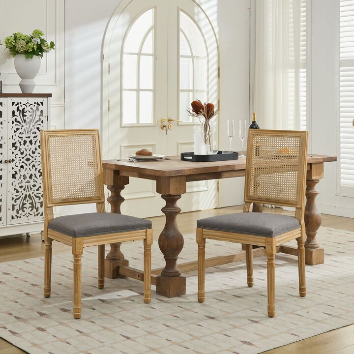 Whisen French Dining Chairs Set of 2, Solid Rubberwood Frame with Linen Upholstery and Rattan Back, for Living Room Kitchen Restaurant