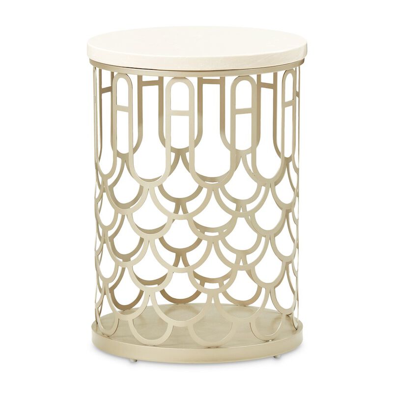 Michael Amini La Marisia Marble Chairside Table - Creamy Pearl/Champagne