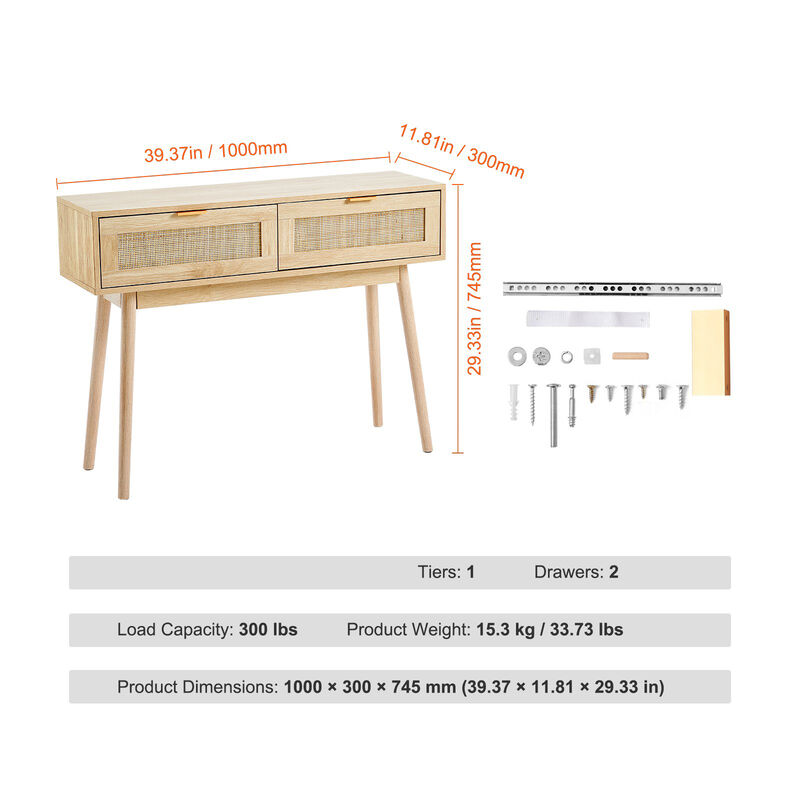 Boho Rattan Console Table – Entry Table with Drawers and Sliding Storage Door, Perfect for Small Spaces