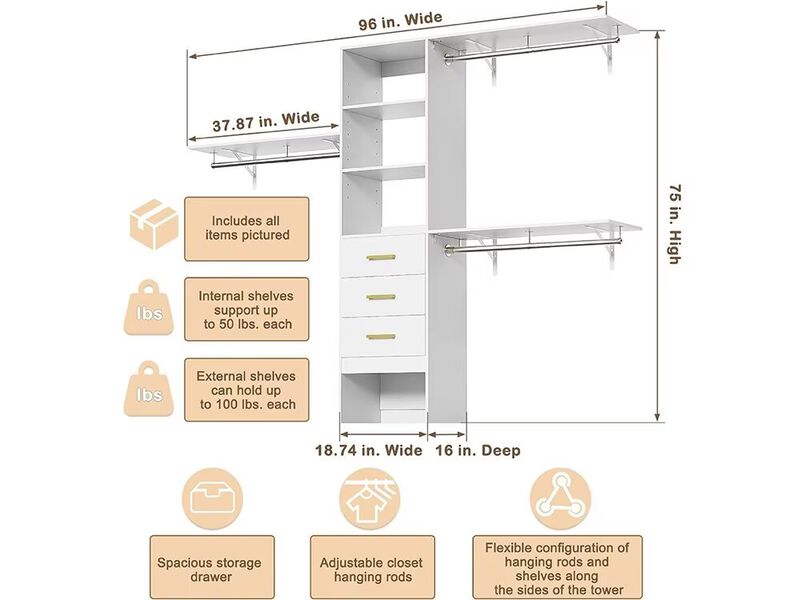 Wood Closet System with 3 Drawers White: Built-in Closet Organizer, Walk-in Closet with Hanging Rod and Shelves for Bedroom Closet Organizer System, 94.49" W x 15.75" D x 70.87" H