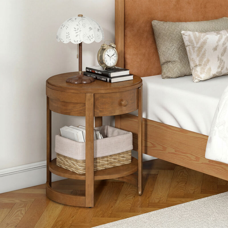 Mid Century Style 2-Tier Round End Table Compact Side Table with Open Storage Shelf-Oak image number 3