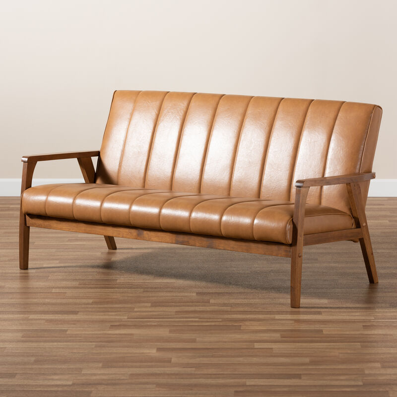 Nikko Mid Century Faux Leather Upholstered Wood Sofa image number 7