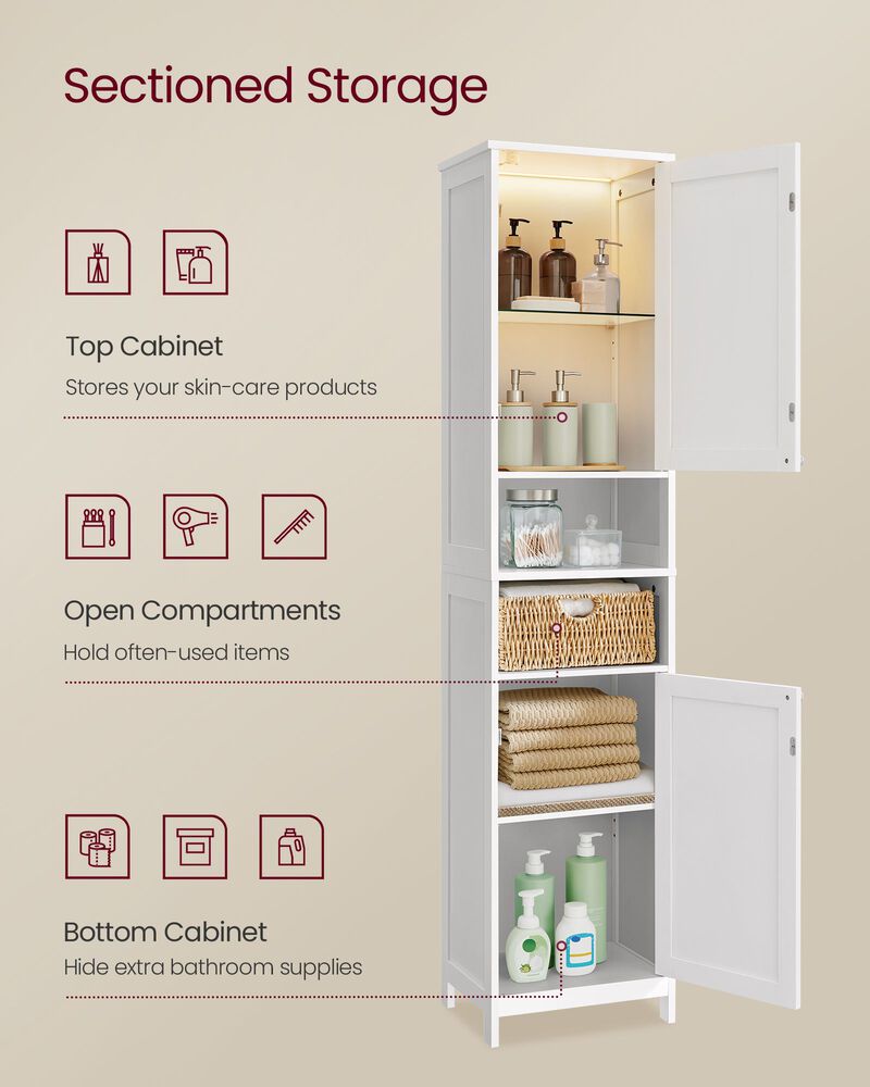 Freestanding Tall Bathroom Cabinet with Built-In LED Lights for Towels and Toiletries