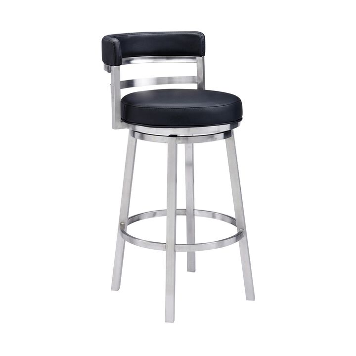 Eva 30 Inch Padded Swivel Bar Stool Chair, Steel Finish, Black Faux Leather-Benzara