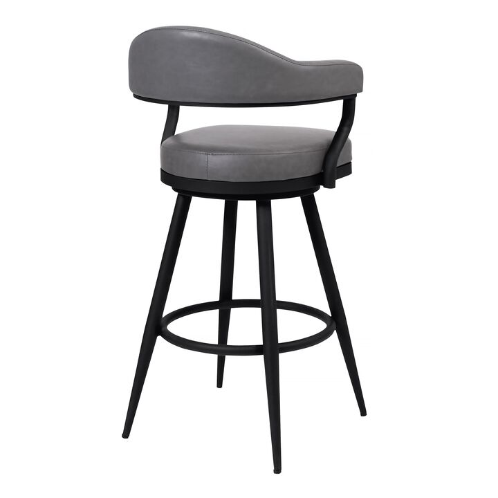 Knw 30 Inch Swivel Barstool Armchair, Black, Vintage Gray Faux Leather-Benzara