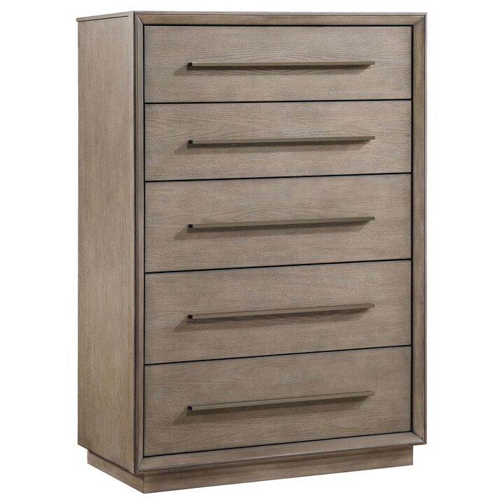 Lyni Tall Dresser Chest, 5 Drawers, Open Shelf, Washed Oak Brown - Benzara