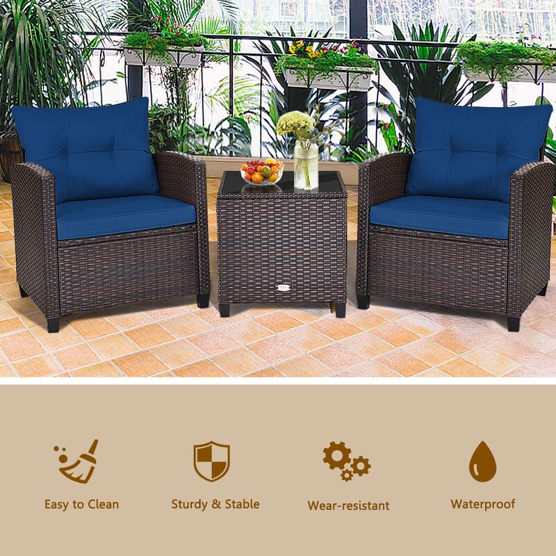 3 Pcs Patio Rattan Furniture Set Cushioned Conversation Set Coffee Table