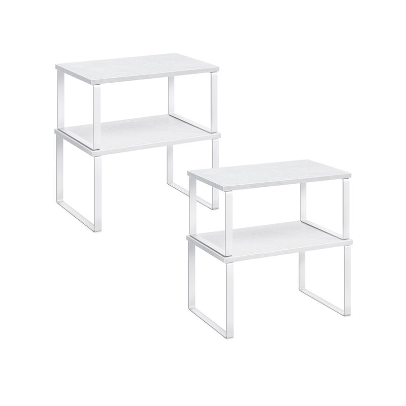 Set of 4 Stackable Cabinet Shelf Organizers - Metal and Particleboard Kitchen Counter Shelves, Expandable