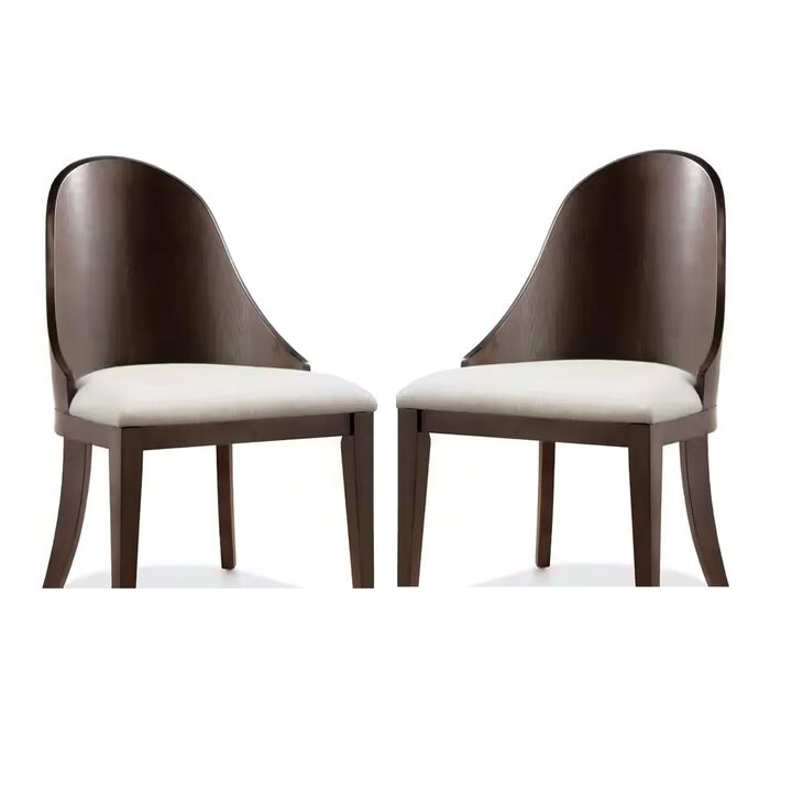 Mordy Side Dining Chair Set of 2, Curve Panel Back, Off White Fabric - Benzara