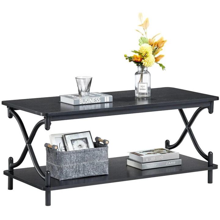 Hivvago Modern Industrial Black Metal Wood Coffee Table with Bottom Storage Shelf