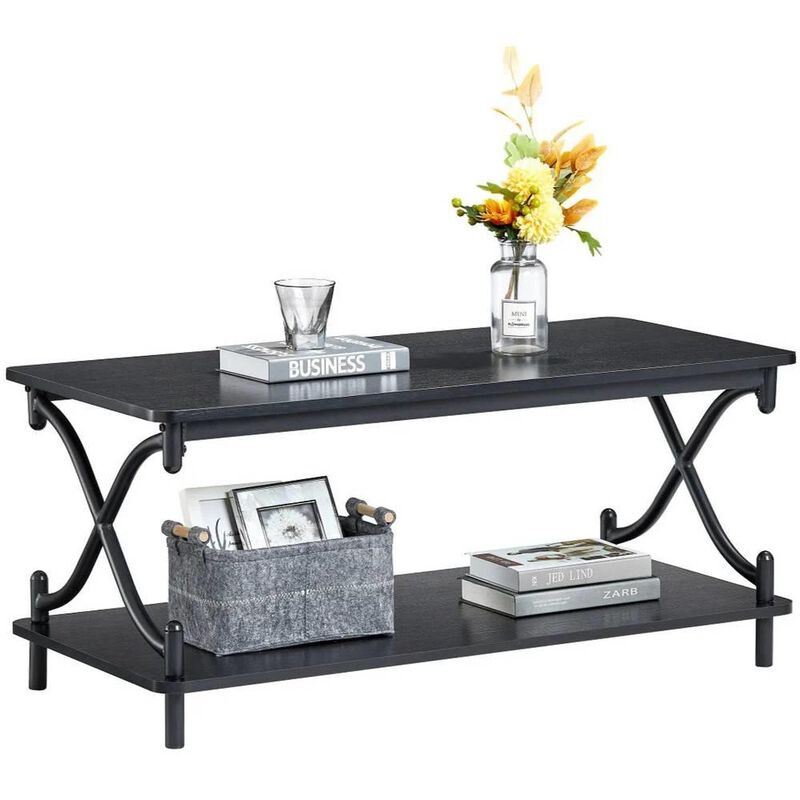 Hivvago Modern Industrial Black Metal Wood Coffee Table with Bottom Storage Shelf