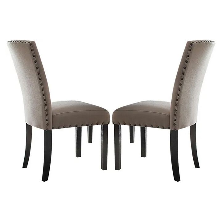 Nailhead Trim Fabric Upholstered Wooden Side Chair, Set of 2, Beige and Brown