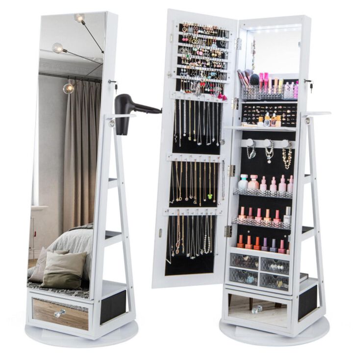 Hivvago Lockable 360° Swivel Jewelry Cabinet with Full-Length Mirror LED Lights