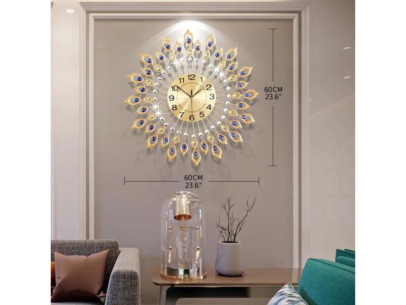24" Large Modern Wall Clock - Decorative Crystal Peacock Design Silent Battery Operated for Living Room & Kitchen image number 2