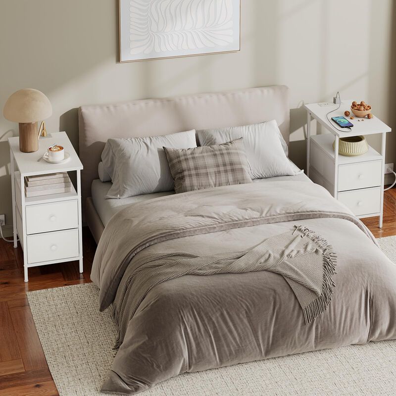 HOOBRO End Table with Charging Station, Narrow Side Table, Nightstand with 2 Non-Woven Drawers, Slim Sofa Side Table, for Small