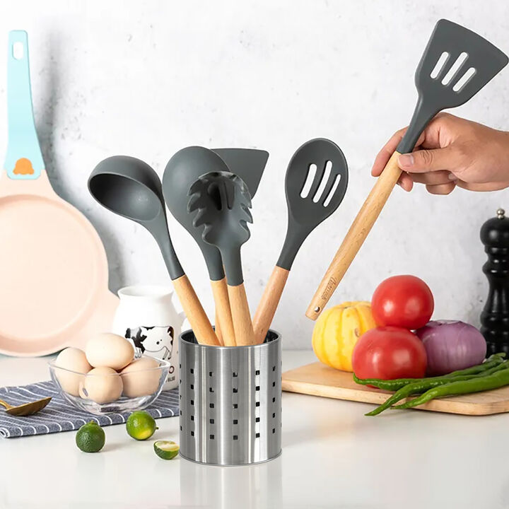 Round Metal Utensil Holder Countertop Organizer with Drain Holes for Cooking Spoons, Spatulas, Cutlery, and Silverware Stylish Storage Solution for Kitchen Counter, Silver