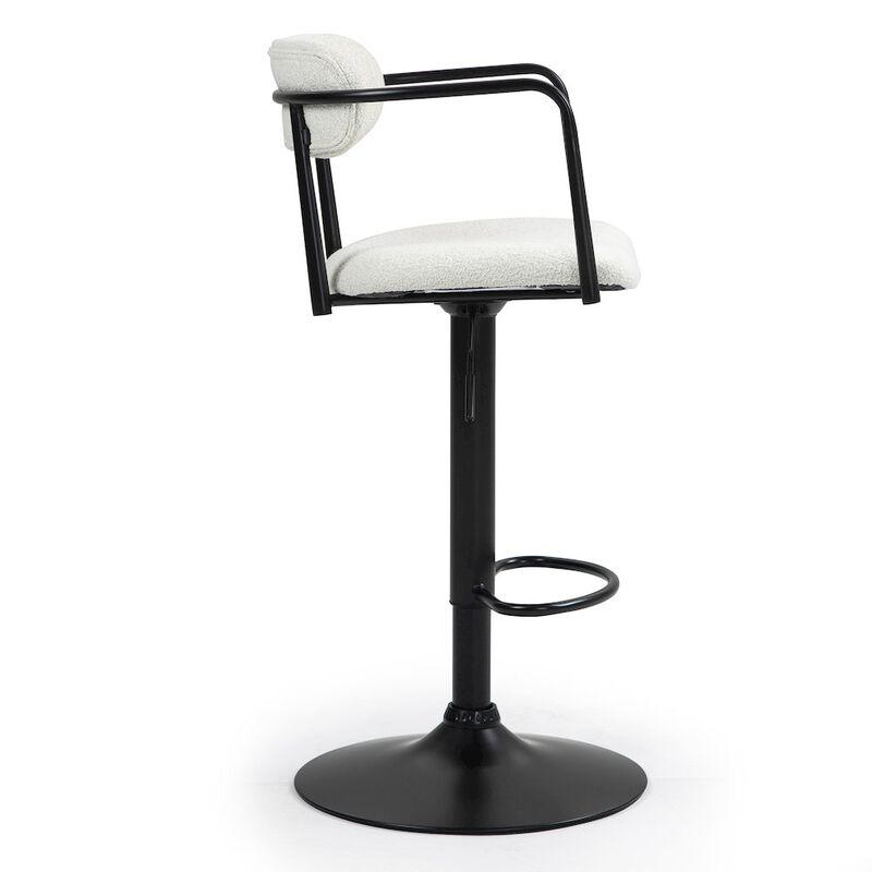 Glamour Home Beige Boucle Fabric Adjustable Swivel Bar Stool Black Iron Arms and Pedestal Leg