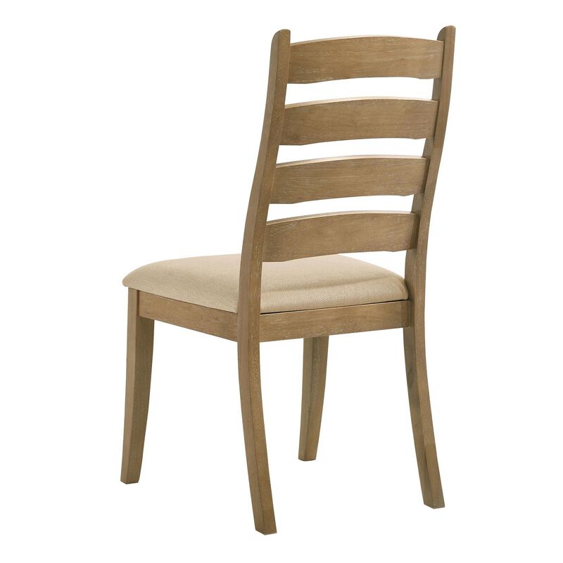 Danie Dining Side Chair Set of 2, Ladderback, Brown Wood, Beige Fabric - Benzara