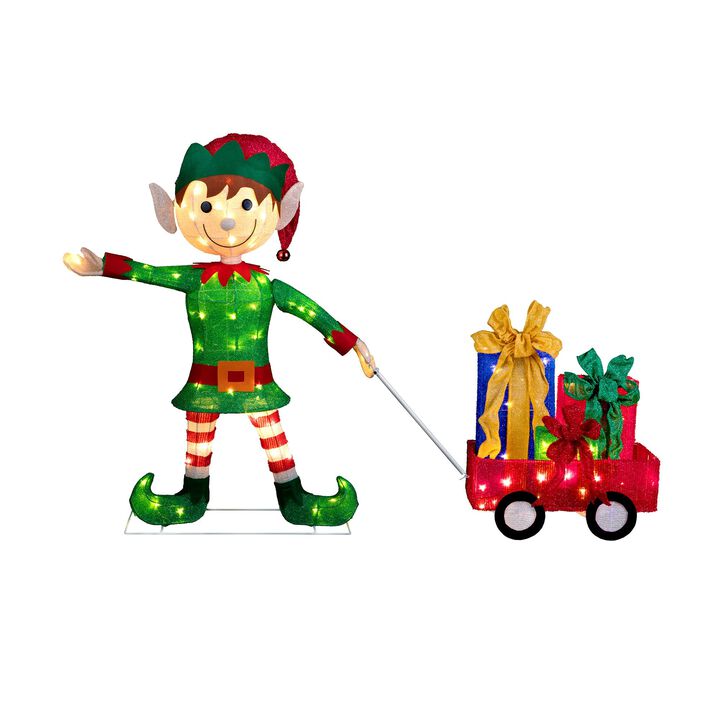 42 Inch Elf Pulling Wagon Outdoor Lighted Christmas Yard Decor