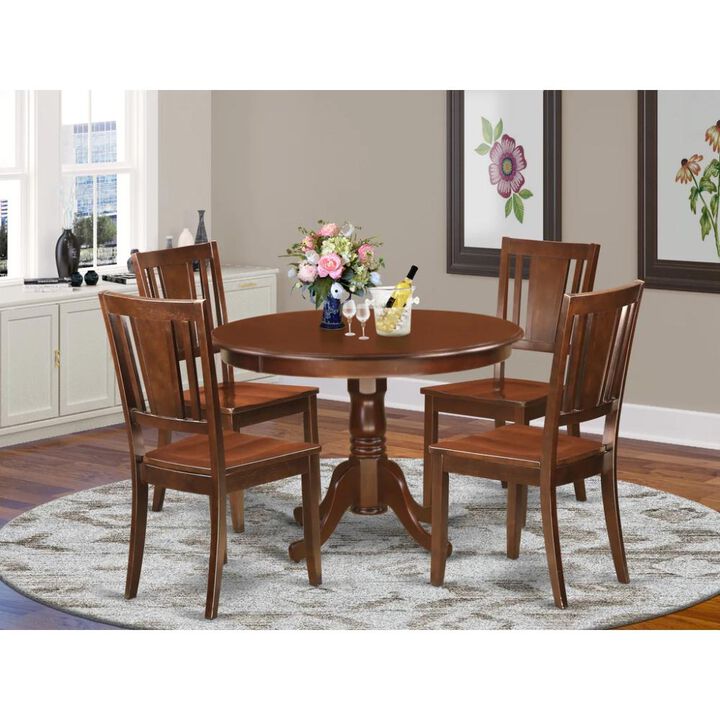 5 Pc set with a Round Kitchen Table and 4 Wood Dinette Chairs in Mahogany