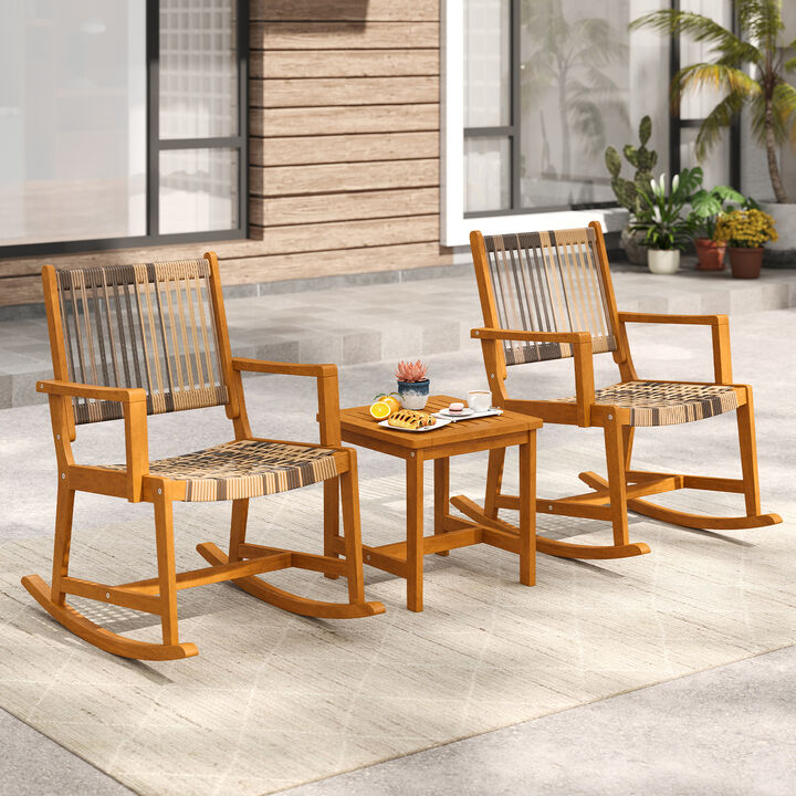 Outdoor 3 Piece Acacia Wood Rocking Set with Rattan Seat and Back