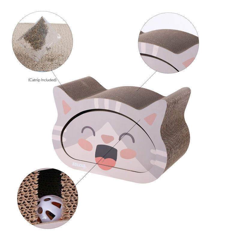 Opal Modern Cardboard Happy Cat Head 2-in-1 Cat Cave Scratcher with Built-In Bell Toys and Catnip