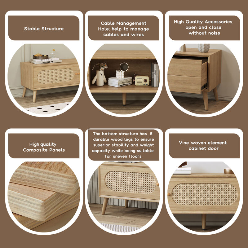 Boho TV Stand for TVs up to 80'' , Modern Farmhouse Media Console, Entertainment Center with Solid Wood Legs, TV Cabinet for Living Room, Home Theatre