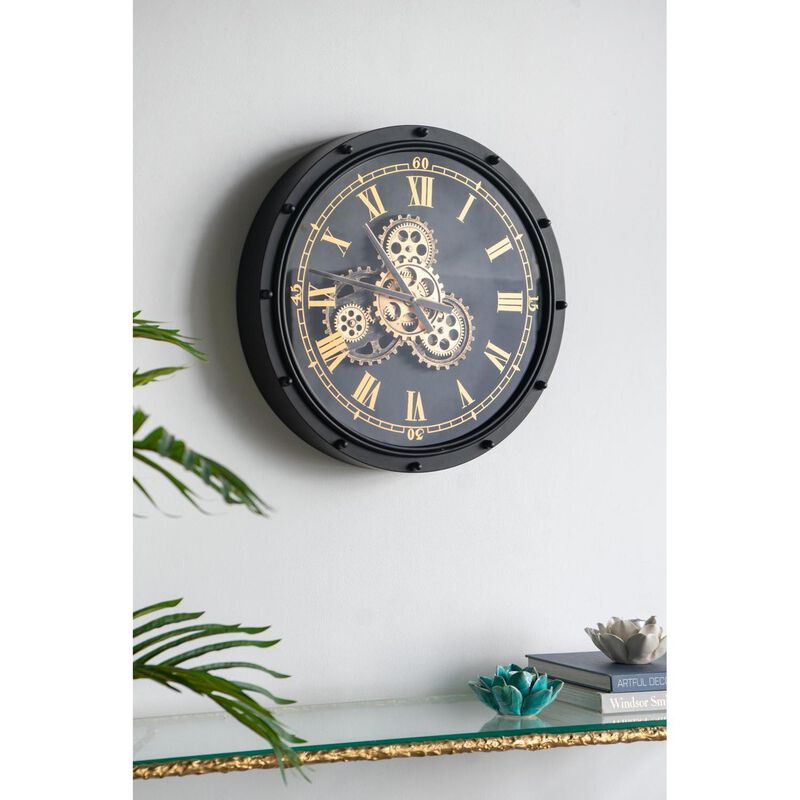 HomeRoots 20" Circle Black and Gold Metal and Glass Analog Wall Clock image number 2
