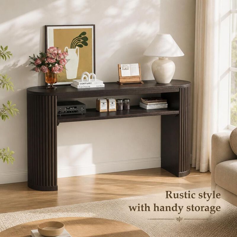 GOODSILO Rustic Farmhouse Console Table with Fluted Legs, Vintage Oval Hallway Accent Table with Ash Veneer Top and Open Shelf image number 4